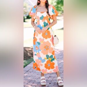 GeeGee Orange Floral Retro Midi/Maxi Dress
